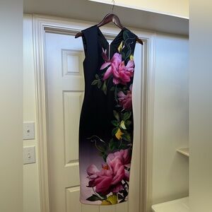 Ted Baker - Black and Pink Floral Midi Dress